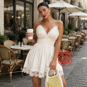 ZARA White Crochet Smocked V-Neck Mini Dress NWT
